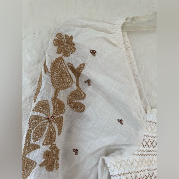 Anthropologie Cream Smocked Embroidered Puff Sleeve Square Neck Top; size XSP - Picture 3 of 9